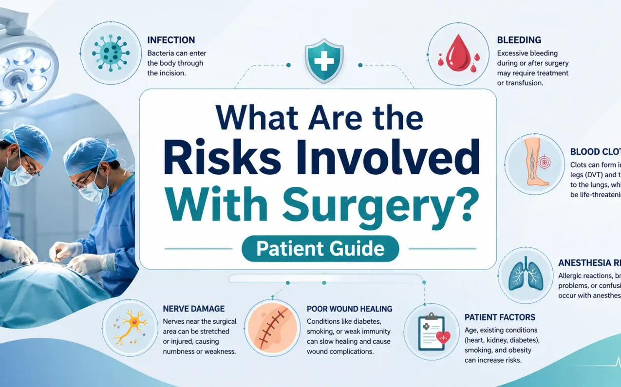What Are the Risks Involved With Surgery? Patient Guide – overview of common surgical risks, anesthesia complications, blood clots, bleeding, infection, and recovery factors