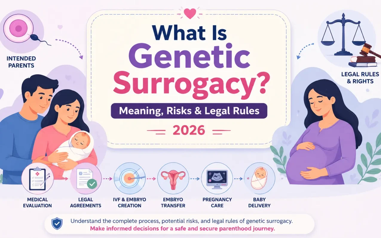 What Is Genetic Surrogacy? Meaning, Risks & Legal Rules 2026 - surrogate mother and intended parents illustration