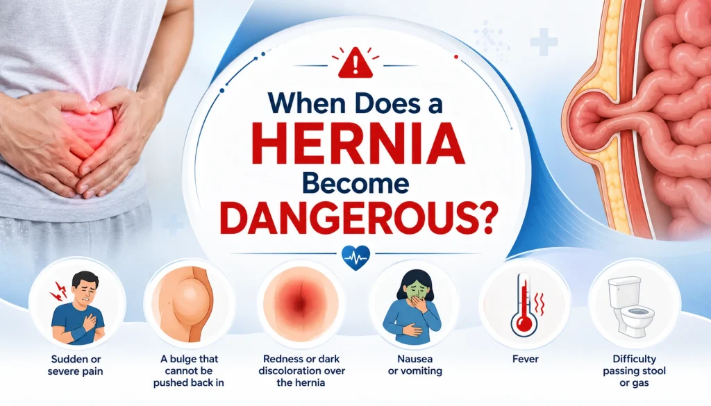 When Does a Hernia Become Dangerous? Medical infographic showing common warning signs of a dangerous hernia, including severe pain, an irreducible bulge, redness or discoloration, nausea, fever, and when to seek emergency medical care.