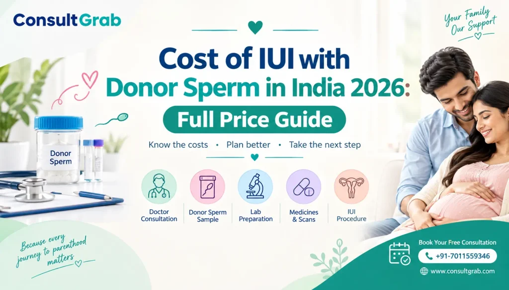 Cost of IUI with Donor Sperm in India 2026: Full Price Guide — doctor consulting a couple about fertility treatment and donor sperm IUI cost