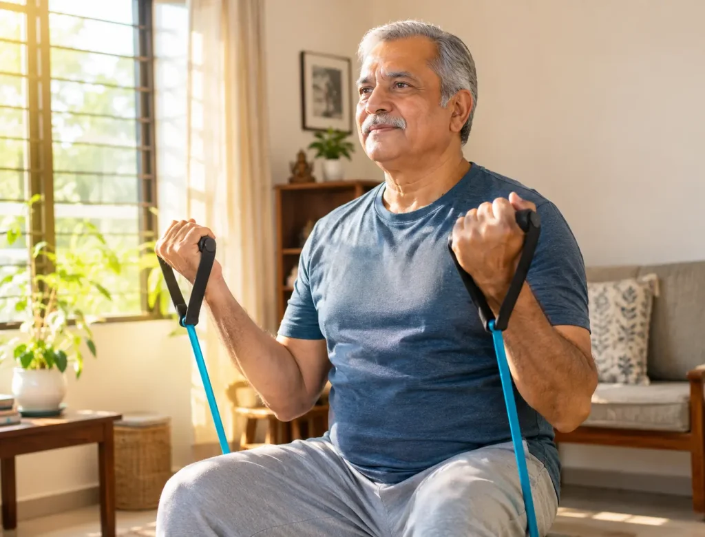 Elderly person doing strength training in India — muscle and bone strength can improve at any age, even after 60.