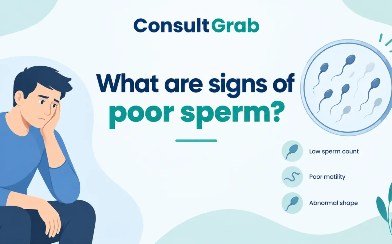 What are signs of poor sperm? Infographic showing low sperm count symptoms, causes, and diagnosis